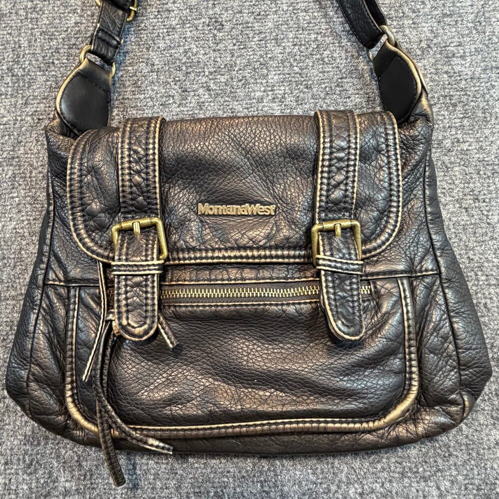 Montana West Distressed Black Leather Tote Handbag Western Shoulder Purse Large